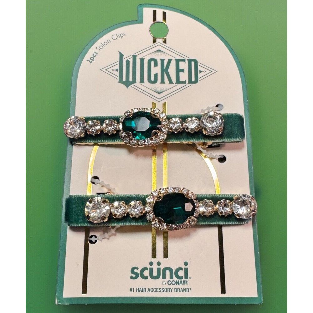 Wicked Scunci Green Rhinestone‎ 2 Hair Clips NWT